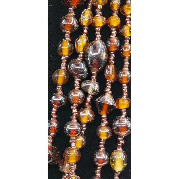 Multi Strand Amber Glass Beaded Necklace Vintage Bohemian Style Layered - Picture 4 of 5